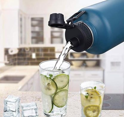 SENDESTAR Water Bottle 64oz Double Wall Vacuum Insulated Leak Proof Stainless Steel Sports Water Bottle—Wide Mouth with New Flex Straw Lid & Spout Lid (Day&Night)