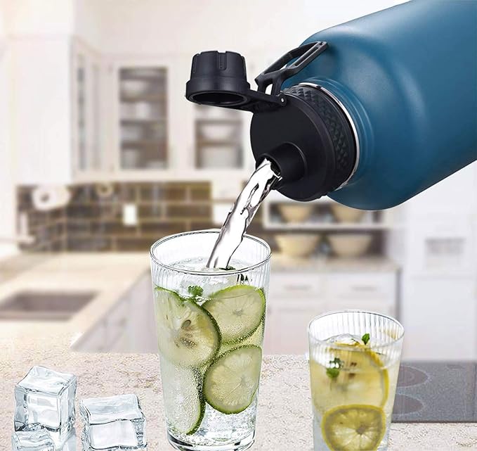 SENDESTAR Water Bottle 64oz Double Wall Vacuum Insulated Leak Proof Stainless Steel Sports Water Bottle—Wide Mouth with New Flex Straw Lid & Spout Lid (Deep Blue&Black)