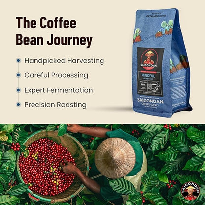 Vietnamese Coffee Beans - Saigondan Mindful | Dark Roast | Vietnamese Robusta & Arabica Blend | Vietnamese Single Origin | Roasted in Small Batch | Direct Trade | No Preservatives | 12 Oz