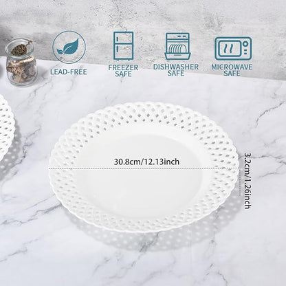 Large White Dinner Plates 12 inch, Ceramic Dinner Plates Set of 4, Basketweave Wide Rim Stackable Hotel Value Round Coupe Shape for Restaurant, Kitchen, Party, Home, Gifts, Microwave Dishwasher Safe