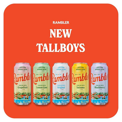 AUTX RAMBLER Sparkling Water, Texas Limestone Mineral Blend, Satsuma Flavor, 16-Ounce Tallboy Cans, 12-Pack