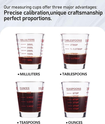 Shot Glasses Measuring Cup Set 4PACK Espresso Shot Glasses Liquid Heavy Glass 26-Incremental Measurement 1 OZ, 2 TBS, 6 TSP, 30 ML Kitchen Tools (RED&Black)