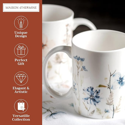 Maison d' Hermine Coffee Mug with Handles Fine Bone China Mugs Pack of Two Tea Cups for Hot Beverages Cappuccino Latte Home Restaurant Office Perfect for Gift (Ice Florals, 15 Ounce)