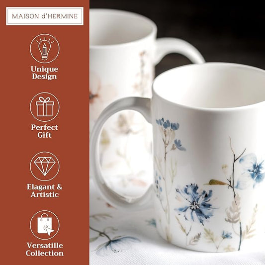 Maison d' Hermine Coffee Mug with Handles Fine Bone China Mugs Pack of Two Tea Cups for Hot Beverages Cappuccino Latte Home Restaurant Office Perfect for Gift (Ice Florals, 15 Ounce)