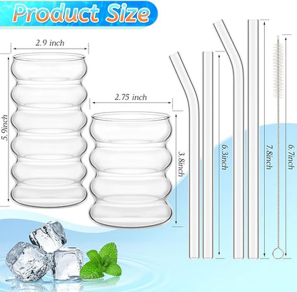 Tessco for you 4 Pcs Creative Glass Cups Vintage Drinking Glasses Ribbed Glassware Aesthetic Cup Entertainment Dinnerware Glassware with Straws Set for Kitchen Coffee Beverage(13.5 Oz, 16 oz,Clear)