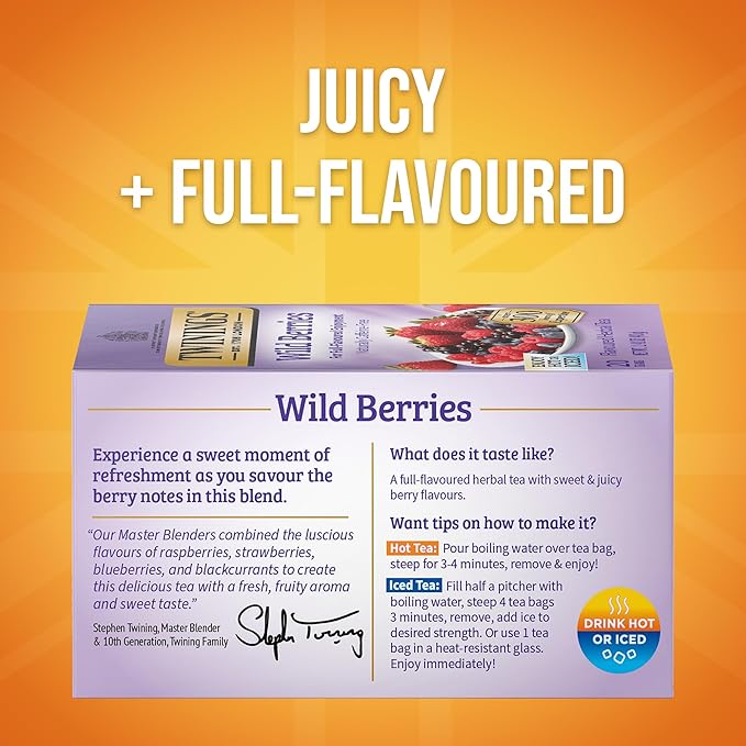Twinings Wild Berries Herbal Tea Individually Wrapped Bags, 20 Count (Pack of 1), Full-Flavoured, Naturally Caffeine-Free, Enjoy Hot or Iced, 20 Teabags