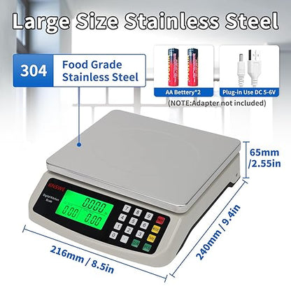 Commercial Food Scale 40KG Large Digital Kitchen Scale Baking Cooking Bread Meat Weight Price Computing Scale Stainless Steel Parts and Coins Counting Scale for Deli Stores Tare Function
