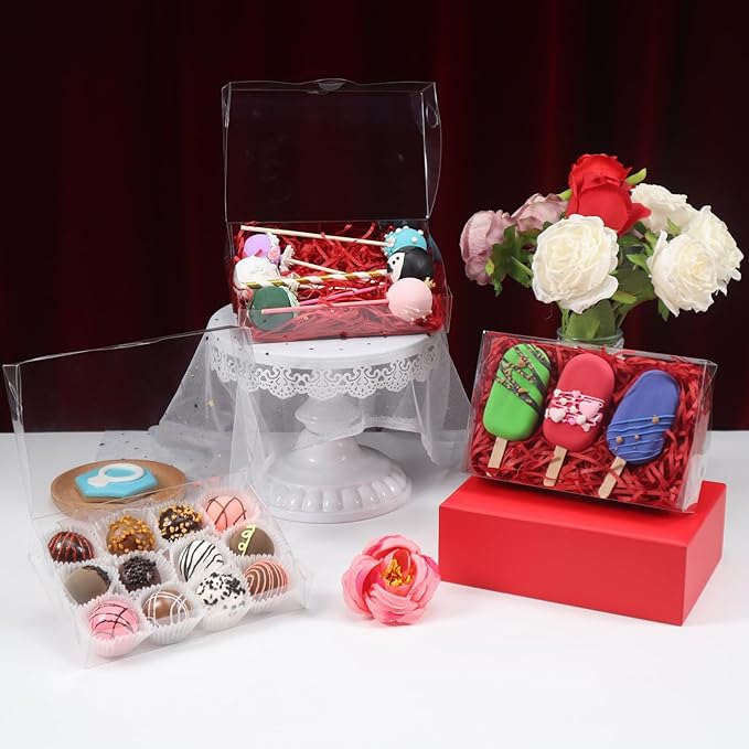 RomanticBaking 15PCS 7x4.3x1.5 Inch Clear Chocolate Covered Ore Boxes Cookie Boxes with Window Bakery Boxes for Cakesickle,Truffle, Bomb Dount,Cake &Gift Treat Boxes for Party Favors