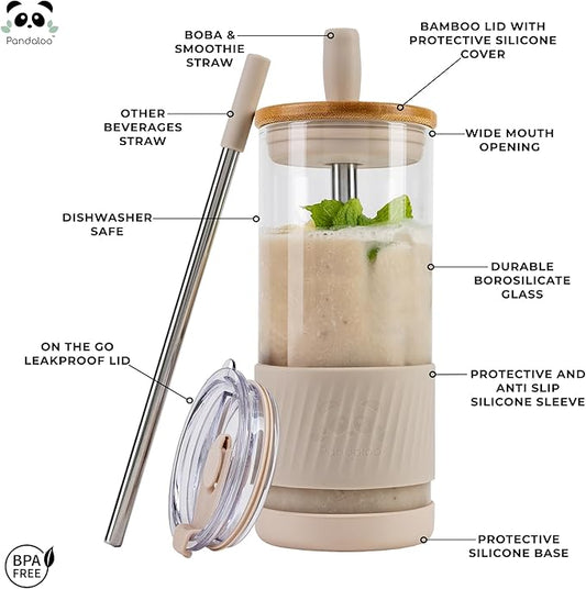 Pandaloo® Glass Cups With Lids and Straws -20 Fl Oz- Perfect Size Iced Coffee Cup - Smoothie Cup With Bamboo Lid and On the go Lid (Creamy Mushroom, 1 Count (Pack of 1)