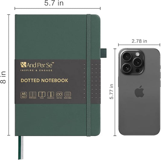 &And Per Se Dotted Journal Notebook, A5 Hardcover Leather Bullet Dotted Journal, 160 Pages 100 gsm Thick Dotted Paper，3 Sheets of Stickers Included - 5.7'' x 8''（Green）