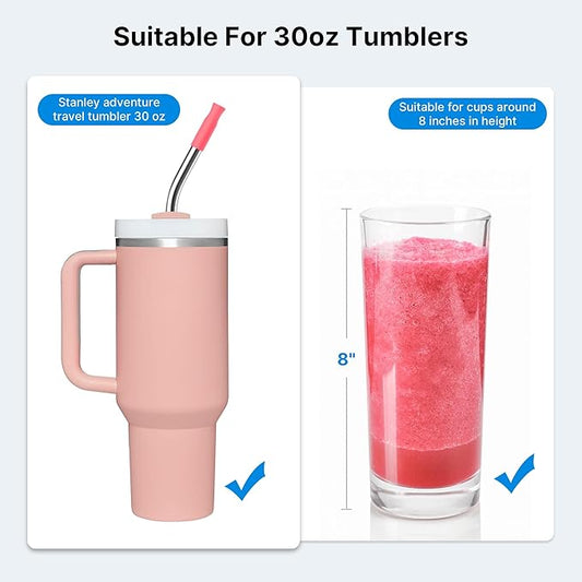 2 Pcs Stainless Steel Straw with Silicone Tips for 40 oz Stanley Tumbler, Repeatable 40 oz Metal Straws for Stanley Adventure Quencher Travel Tumbler Cup, BPA Free（Pink Dusk）
