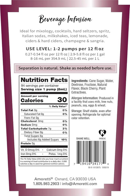 Amoretti - Black Cherry Beverage Infusion - Drink Mix & Water Enhancer with Pump for Flavoring Cocktails, Waters, Teas, and other Beverages, 94 Servings Per Bottle (750 ml), Preservative Free