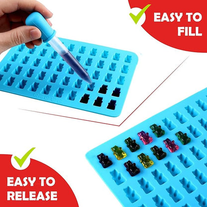 Gummy Bear Silicone Candy Molds - Set of 4 Gummy Bear Mold Trays with Dropper, Fun Making Gummy Bears with Non Stick Silicone Candy Molds, Perfect Silicone Molds for Gummy Bear Candy…