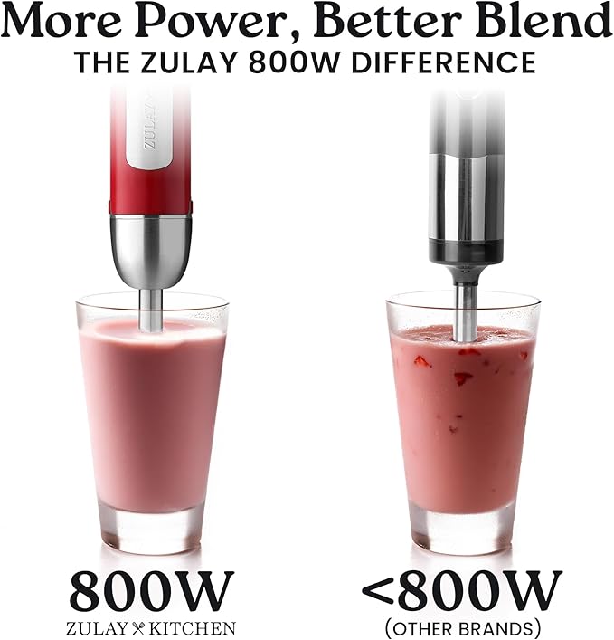 Zulay Immersion Stick Mixer Hand Blender - 800 Watts, Turbo Mode, 5-ft Power Electric Cord, Handheld Portable, Stainless Steel Blades - For Effortless Blending Smoothie, Soup, Baby Food, Puree - Red