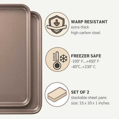 Nonstick 15x10 inch Baking Sheet Set of 2 | PFOA & BPA Free Non Toxic Carbon Steel 10x15 inches Cookie Sheets | Best Non stick Oven Cooking Pans & Jelly Roll Pan | Best Nontoxic Baking Trays