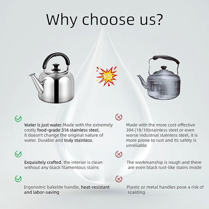 Whistling Stovetop Tea Kettle,Food Grade 316 Stainless Steel,Hot Water Fast to Boil,Stovetop Kettle with Ergonomic Handle,4.2 Quart Capacity