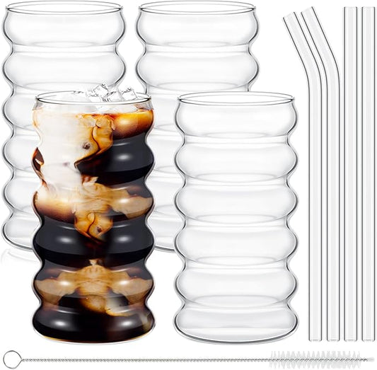 Tessco for you 4 Pcs Creative Glass Cups Vintage Drinking Glasses Ribbed Glassware Aesthetic Cup Entertainment Dinnerware Glassware with Straws Set for Kitchen Coffee Beverage(16 oz,Clear)