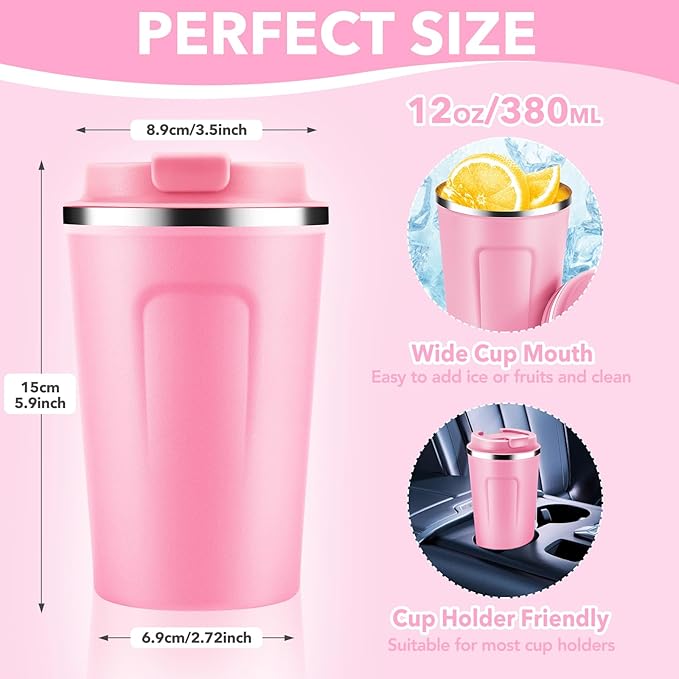 Volhoply 12 oz Double Wall Insulated Vacuum Travel Coffee Mug with Flip Lid Bulk 8 Pack,Reusable Stainless Steel Leak Proof Coffee Cup,Portable Cafe Thermal Tumblers for Hot & Cold Drinks(Pink,8 Set)