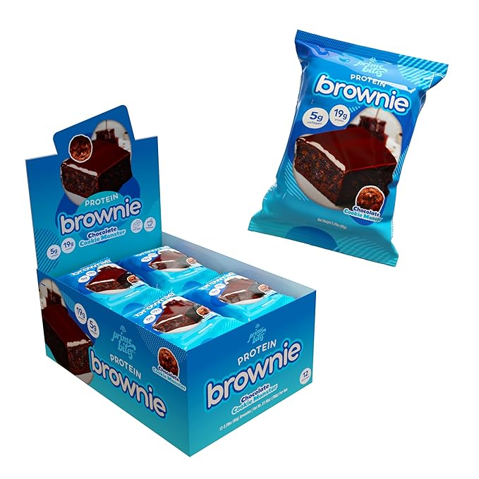 Prime Bites Protein Brownie from Alpha Prime Supplements | High Protein, Collagen Fortified Low Sugar Treat | Delicious Snack | 12 Bars per Box (Chocolate Cookie Monster)