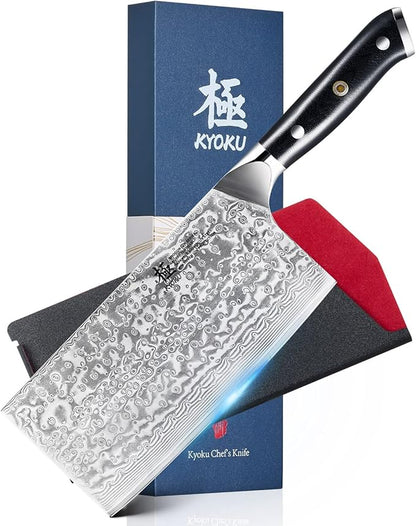 KYOKU Gin Series Vegetable Cleaver Knife, 7" Asian Vegetable Knife, Japanese VG10 Damascus Stainless Steel Knife, Professional Kitchen Knife with Silver Ion Blade G10 Handle Mosaic Pin Sheath & Case