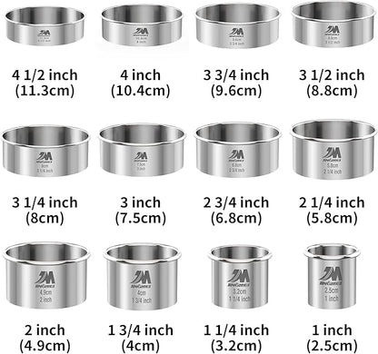 Round Cookie Biscuit Cutter Set 12 Pieces Graduated Circle Pastry Cutters 18/8 Stainless Steel Cookie Cutters1inch - 4 1/2inch Donut Cutter Ring Molds GIFT Package