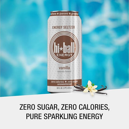 Hiball Energy Vanilla Seltzer Drink, Zero Sugar and Calorie, 16 Fl Oz Cans, 8 Count