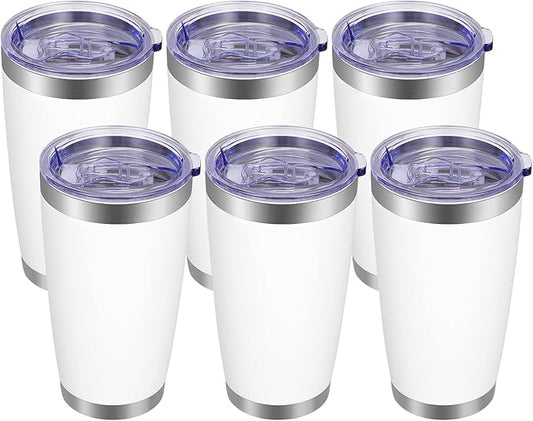 VEGOND 20oz Tumbler with Lid and Straw Stainless Steel Tumbler Cup Bulk Vacuum Insulated Double Wall Travel Coffee Mug Powder Coated Coffee Cup(White 6 Pack