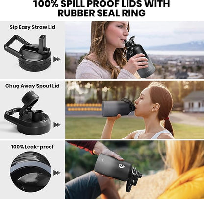 Insulated Water Bottle 64 oz, Triple Wall Vacuum Stainless Steel (Cold for 48 Hrs), Leak Proof & Non-BPA, Half Gallon Water Flask Jug with Paracord Handle & Straw Spout Lids, Dark Gray