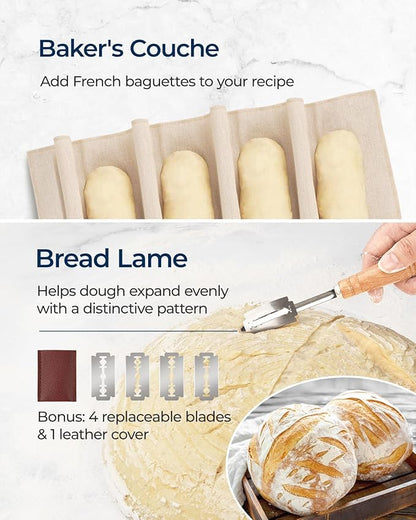 Banneton Bread Proofing Basket Set of 2 (10" Round & Oval Rattan) - Sourdough Bread Baking Supplies with Exclusive Bakers Couche, Dough Whisk, Dough Scraper, Bread Lame & Sourdough Starter Kit