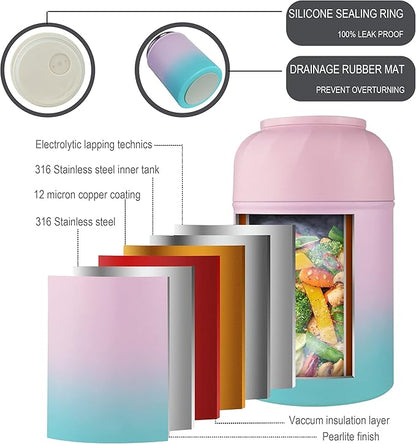 Soup Thermo for Hot Food & Drinks, Thermo Lunch Box for Kids, 17oz Vacuum Insulated Food Container with Spoon&&Drawstring Bag, Soup Therm for Adults, Pink&Green