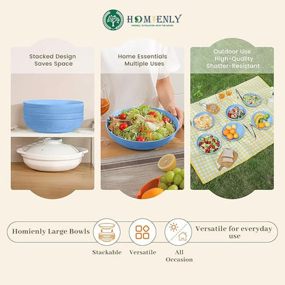 Homienly Wheat Straw Big Bowls Salad Bowls Set of 6 10 inch Serving Bowls 65 oz Large Bowls Plastic Plates Bowls Wide and Shallow Bowls for Kitchen Microwave & Dishwasher Safe-Sky Blue