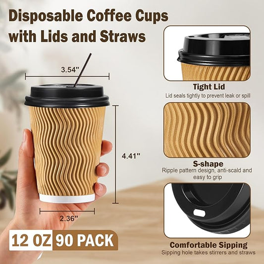 12 oz Coffee Cups-90 Pack Disposable Coffee Cups with Lids and Straws, Insulated Ripple Wall To Go Paper Coffee Cup for Coffee, Hot Chocolate and Hot Tea Drinks - Champagne