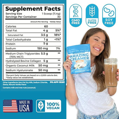 Superfoods Company Amazing Creamer with Collagen - Keto Creamer-Hyaluronic Acid & MCT Oil - Brain Boost & Curbs Cravings - Supports Healthy Skin & Hair - Diet-Friendly [30 Servings] [Vanilla]