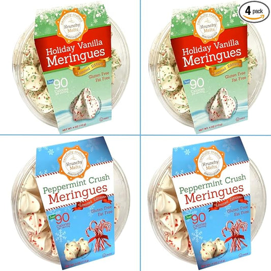 4 Pack Krunchy Melts Original Meringue Cookies | Holiday Season 4-Pack | 2 Holiday Vanilla, 2 Peppermint Crush | Only 80-90 Calories Per Serving | Low Fat/Fat Free, Gluten Free, Dairy Free (4 Oz)