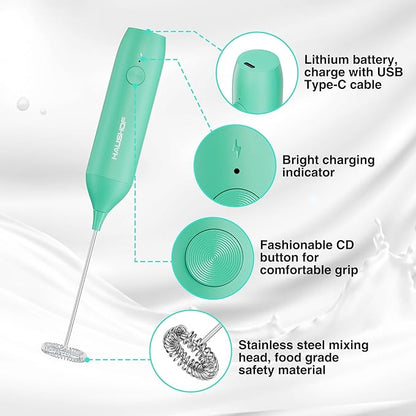 HAUSHOF Powerful Rechargeable Milk Frother Wand with Stand, Handheld Electric Foam Maker, Drink Mixer with Detachable Stainless Steel Whisk for Coffee Latte, Cappuccino, Matcha, Green
