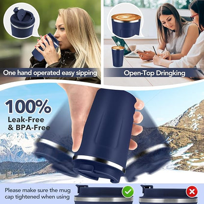 Volhoply 12 oz Double Wall Insulated Vacuum Travel Coffee Mug with Flip Lid,Reusable Stainless Steel Leak Proof Coffee Cup,Portable Iced Cafe Thermal Tumbler Suitable for Hot & Cold Drinks(Navy,1 Set)