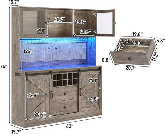 74" Tall 63" Wide Larg Bar Cabinet w/ Outlet,6000-color LED Light,Pegboard,Farmhouse Hutch Bar Cabinet w/Barn Door,2 Big Drawers,Adjustable Shelves,10 Wine & Glasses Rack,5 Hook for Kitchen,OAK