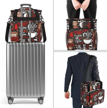 Brown and Red Coffee Cafe Coffee Maker Carring Bag Travel Carrying Storage Tote Bag Compatible with Keurig K-Mini or K-Mini Plus Portable Single Serve Coffee Brewer Case with Pockets for K-cup Pods