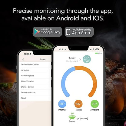 Charm Smart Wireless Meat Thermometer 1000°F Open Flame Grilling - 500 ft Range Bluetooth Meat Thermometer for BBQ, Grill, and Smoker - Dual Temperature Sensors App-Controlled Food Thermometer