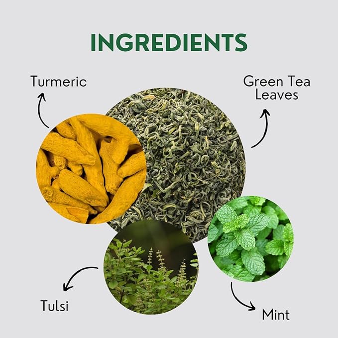 Turmeric Tulsi Tea Bags (50 Count), Green Tea with Turmeric & Peppermint, Stress Relieving, Low Caffeine Gluten Free, Whole Loose-Leaf Pyramid Tea Bags