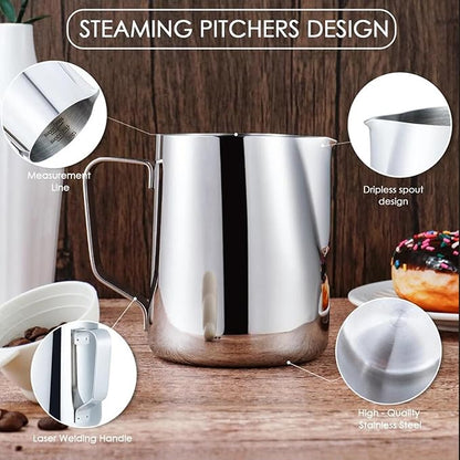 Milk Frothing Pitcher with BONUS Latte Art Pen, 12oz Milk Frother Cup with Clear Scale 304 Stainless Steel Cappuccino Espresso Machine Accessories for Barista Coffee Bar.