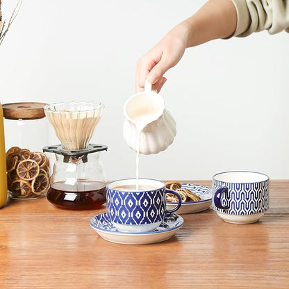 Selamica Ceramic Cappuccino Cups with Saucers and Metal Stand, 8 OZ Stackable Espresso Coffee Cups for Coffee, Latte, Americano, Tea, Set of 4, Vintage Blue