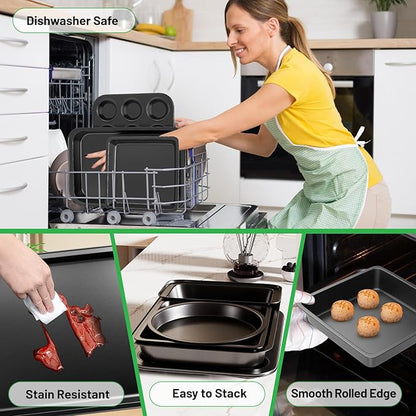 5 Pieces Baking Pans Set, Nonstick Baking Sheet Tray Oven Pans Bakeware Set, Baking Supplies with Round/Square Cake Pan, Muffin Pan, Loaf Pan, Roast Pan, Stackable Baking Sets for Cooking
