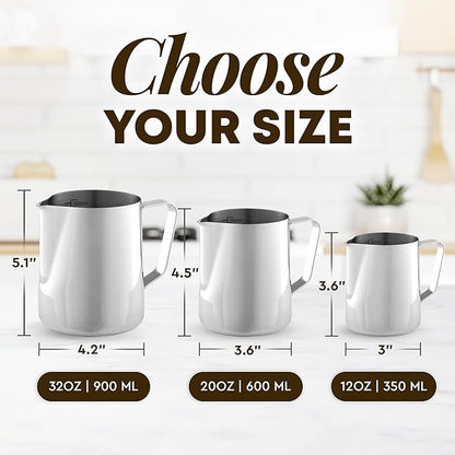 Zulay Milk Frothing Pitcher with Latte Art Pen – 12oz 20oz 32oz - Stainless Steel Frother Cup with Measurement Markings, Espresso & Coffee Accessories Creamer Jug with Laser-Welded Handle - 20 oz