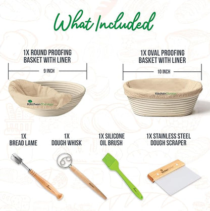 Banneton Bread Proofing Basket, Sourdough Bread Baking Supplies with 9 Inch Round and 10 Inch Oval Banneton Basket, Danish Dough Whisk,Dough Scraper and Bread Lame