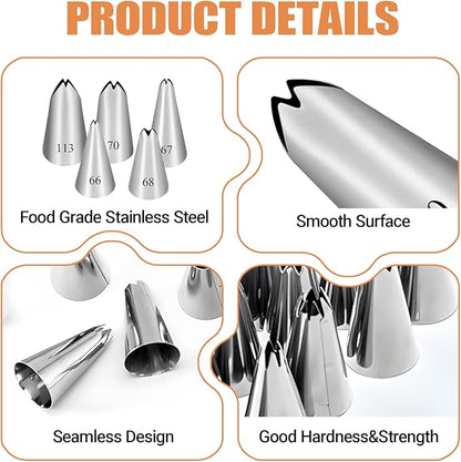 5PCS Piping Tips, Stainless Steel Cake Decorating Tips, Suitable for Pastry Fondant Cupcakes, with 50PCS Piping Bags, 1PCS Cleaning Brush