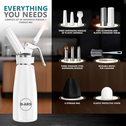 B-ARS Whipped Cream Dispenser-Professional Dispenser-Whip Cream Dispenser -Whipping Siphon-Whipped Cream Maker-Cream Whipper-Aluminum Whipped Cream Dispenser 500 ml. (White)