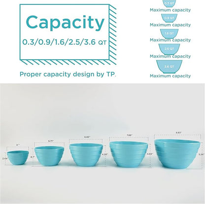 TP Mixing Bowls with Lids, 10-Piece Nesting Melamine Bowls Set for Prepping Serving Baking Cooking, Non Slip Bottom, Set of 5, Teal