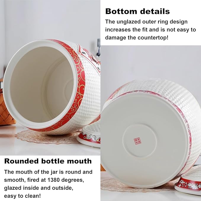 Chinese Sealed Large-Capacity Rice Pot, Ceramic Rice Bucket With Tassel Design, Grain Storage Ceramic Container, Rice Dispenser Airtight Storage Bucket For Grains Snacks Candy Coffee Beans Food(D,Capa