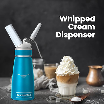 Pro Cream Dispenser, Durable High-Grip, Metal Lid with Rubber, 3 Nozzles, for Hot/Cold Use, Cleaning Brush Included, Blue - 250ml /1 Pint